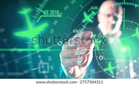 Air traffic dispatching, radar control. Flight controller points at digital navigation interface tracking aircraft positions and routes to ensure safe coordination in aviation operations.