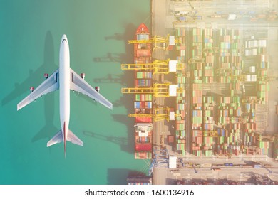 Air Transportation And Transit Of Container Ships Loading And Unloading In Hutchison Ports, Business Logistic Import-export Transport Sea Freight And Transportation Of Containers In Port