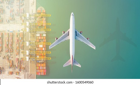 Air Transportation And Transit Of Container Ships Loading And Unloading In Hutchison Ports, Business Logistic Import-export Transport Sea Freight With Copy Space.