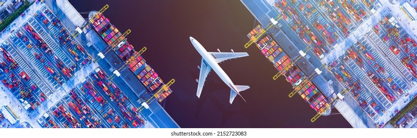 Air Transportation and transit of Container ships loading and unloading in Hutchison Ports, Business logistic import-export transport sea freight with copy space.