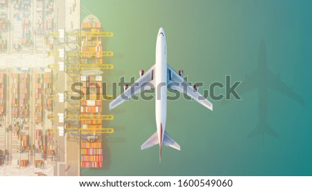 Air Transportation and transit of Container ships loading and unloading in Hutchison Ports, Business logistic import-export transport sea freight with copy space.