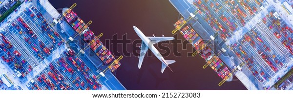 Air Transportation and transit\
of Container ships loading and unloading in Hutchison Ports,\
Business logistic import-export transport sea freight with copy\
space.