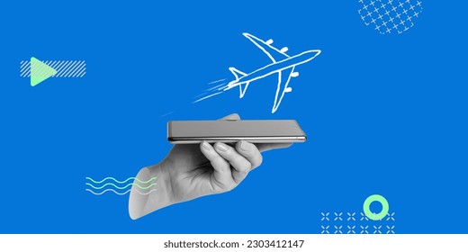 Air travel, travel. Mobile applications for booking and buying airline tickets, tracking flights and booking changes. A drawn airplane takes off with a hand holding a smartphone. Minimalistic collage
