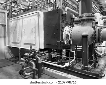 Air turbo expander - a machine for the production of cold in the cycles of modern low-temperature installations. Black and white photo