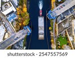 Air view of tug boat and barge