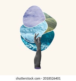 Air, water and land. Hand aesthetic on pastel background, artwork. Concept of environment, climate, symbol of four elements of nature. Idea, inspiration and minimalism. Copy space for ad. - Shutterstock ID 2018526401