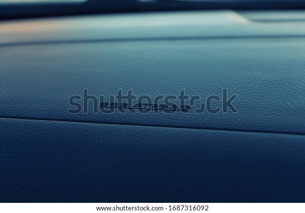 Airbag in the\
car. Airbag label on the car\
panel