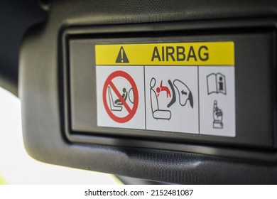 Airbag Warning Sticker On A New Vehicle Sun Shade