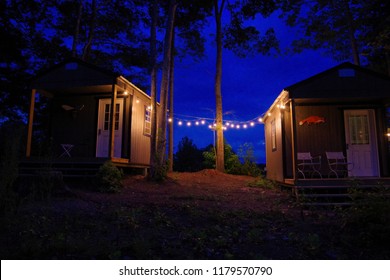 Airbnb Tiny House Cabin Exterior With Christmas Lights In The Blue Ridge Mountains.