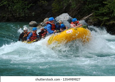 Airborne Raft On White Water Canoe Meadows, Kananaskis, Alberta, 
Canada - July 23, 2005