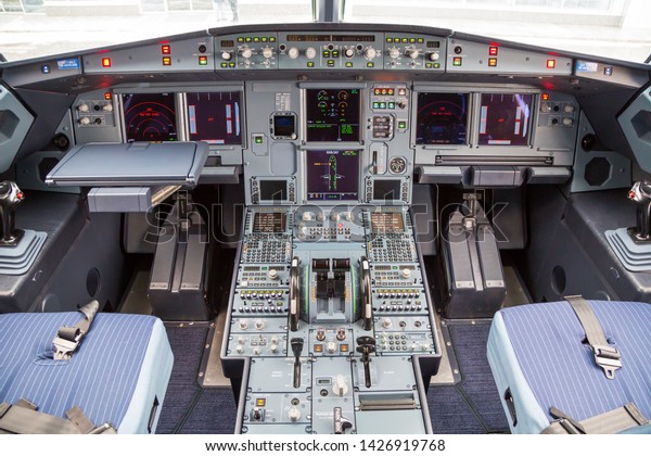 Airbus A320 NEO cockpit. Modern aircraft. Airplane cockpit. Aircraft