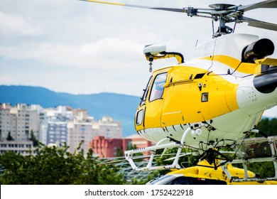 An Airbus EC350 Rescue Helicopter Flying Near The Ground.