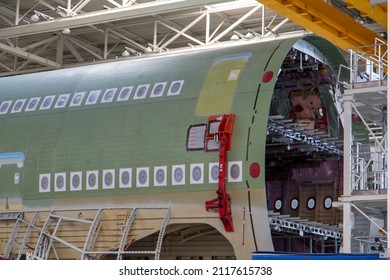 Airbus Plant, Toulouse, France - 01.09.2020. Airbus Production Area. Factory Inside. The Final Assembly Shop. Fuselage Sections Of A Giant Aircraft Airbus A380.