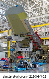 Airbus Plant, Toulouse, France - 01.09.2020. Airbus Production Area. Factory Inside. The Final Assembly Shop. Wing Of Passenger Aircraft Airbus A380 Closeup.