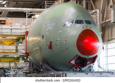 Airbus Plant, Toulouse, France - 03.03.2018. Factory Inside. The Final Assembly Shop. Nose Of Airbus A380 Closeup.