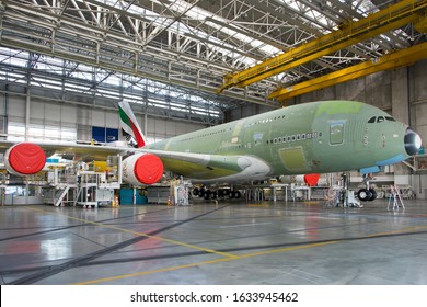 Airbus Plant, Toulouse / France - 03.03.2018. Factory Inside. The Final Assembly Shop. Airbus A380 Of Emirates Airlines During Assembly And Testing.