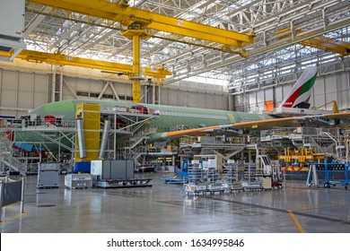 Airbus Plant, Toulouse / France - 03.03.2018. Factory Inside. The Final Assembly Shop. Airbus A380 Of Emirates Airlines During Assembly And Testing.