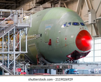 Airbus Plant, Toulouse, France - 05.14.2015. Airbus Production Area. Factory Inside. The Final Assembly Shop. Nose Fuselage Sections Of A Brirish Airways Aircraft Airbus A380 (MSN 194).