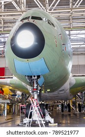 Airbus Plant, Toulouse, France - 10.06.2017. Factory Inside. The Final Assembly Shop. Double-deck Passenger Plane Airbus A380 Close-up. Front View.