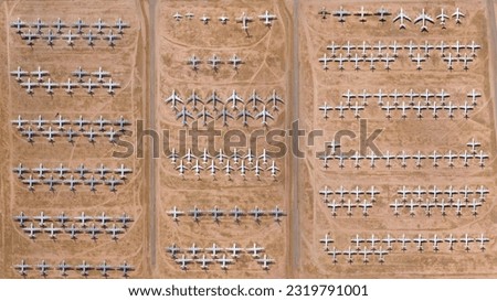 Aircraft Boneyard, Retired aircrafts parking in the aircraft graveyard, birds eye view plane cemetery - Tucson City, Arizona, USA