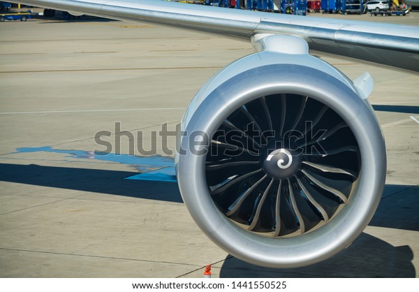 Aircraft engine. Airplane\
on a runway.