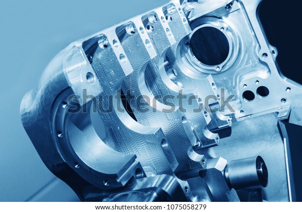 Aircraft engine. Internal components of the\
aircraft engine. View of the dismantled engine. Engine part.\
Technical blue colored