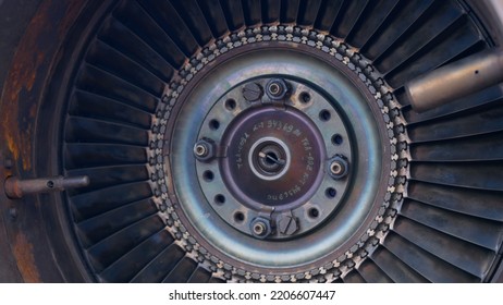 Aircraft Engine Turbine Blades Made Of Heat-resistant Steel Close-up. Gas Turbine Engine In Industry And Aviation. Turbine Blades Of An Engine With A Combustion Chamber. The Concept Of The Mechanism.