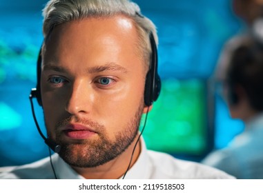 Aircraft Flight Control Officer Monitors The Approach Of Aircraft From Control Tower. Air Services Office Is Equipped With Navigation Systems, Radars And Computer Stations. Aviation Concept.