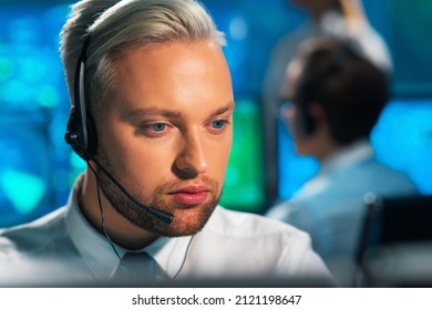 Aircraft Flight Control Officer Monitors The Approach Of Aircraft From Control Tower. Air Services Office Is Equipped With Navigation Systems, Radars And Computer Stations. Aviation Concept.