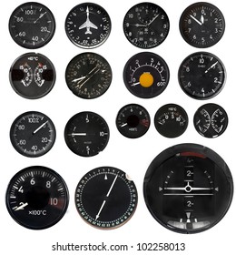 Aircraft instruments isolated on white background, set