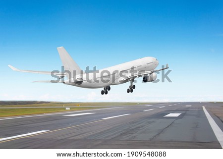 Aircraft landing on the runway, flight before touching the asphalt, rear view to the runway end