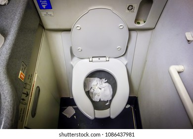 Aircraft Lavatory Is A Small Room On An Aircraft With A Toilet And Sink, Very Dirty, With Smoke Detection Mechanism