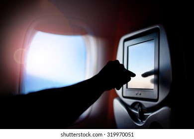 Aircraft Monitor The Passenger Seat. Interior Plane. Touch Screen.