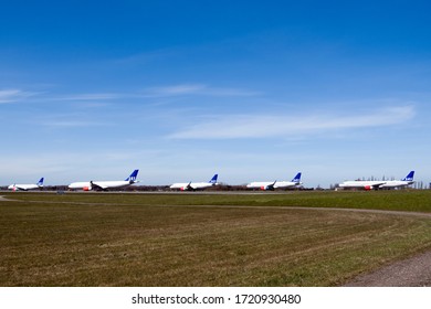 Aircraft Parked At Copenhagen Airport During The Corona Crisis, Amager, Denmark 04.08.2020