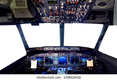 Aircraft simulator Flight Deck cockpit hud Radar screen. Window Empty blank isolated white background with copy space and display montage for product.