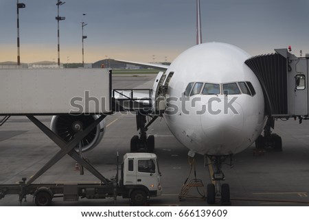 Aircraft standing at gate and being loaded with luggage.