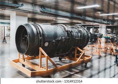 Aircraft Turbo Engine On Display In Aircraft Maintenance Hanger For Studying And Training