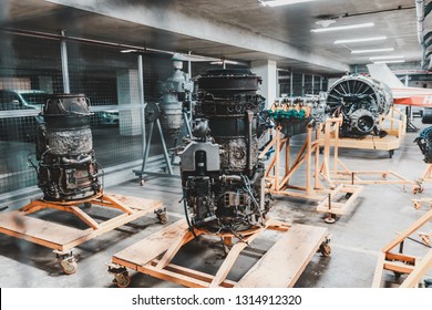 Aircraft Turbo Engine On Display In Aircraft Maintenance Hanger For Studying And Training