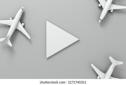 Aircrafts Are Waiting To Start Take Off Around Play Button. Top View. 3D Rendering