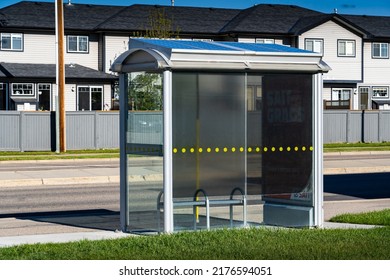 Airdrie Alberta Canada, July 9 2022: A Solar Bus Shelter Producing Clean Energy For Public Transit In A Sustainable Community.