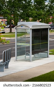 Airdrie Alberta Canada, June 12 2022: A Bus Shelter With Solar Panels On The Roof As Part Of A Sustainable Community Initiative.