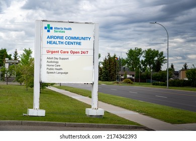 Airdrie Alberta Canada, June 12 2022: Airdrie Urgent Care Center And Community Health Services Sign On Main Street.