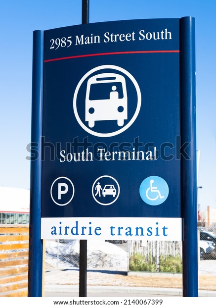 Airdrie Alberta Canada, March 24 2022:\
A public transit sign at a municipal transfer\
station.