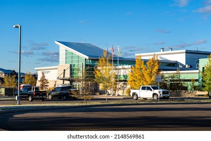 Airdrie Alberta Canada, October 10 2021: The Rocky View School Division Facility Maintenance Building With Fall Colours.