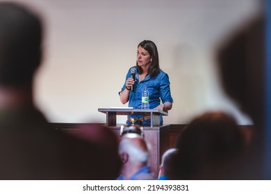 AIRDRIE, CANADA - Jul 13, 2022: United Conservative Party Candidate Danielle Smith Gives A Speech At A Local Pub 