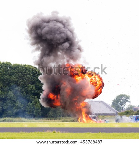 Airfield planned explosion, selective focus on the fireball