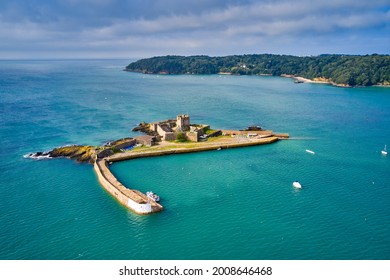 Airial drone image of St Aubn's Fort at high tide in the sunshine. Jersey Channel Islands