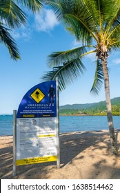 Airlie Beach, Queensland, Australia - February 4, 2020: A Box Jellyfish Warning Sign At Airlie Beach, An Australian Resort Town On Queensland's Whitsunday Coast. 