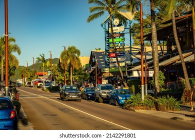 Airlie Beach, Queensland, Australia - May 16, 2021: Main shopping street
