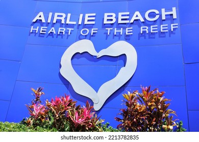 AIRLIE BEAH, QLD - OCT 02 2022:Welcome To Airlie Beach Town Sign A Popular Travel Destination An Gateway To The Great Barrier Reef In Tropical North Queensland Australia